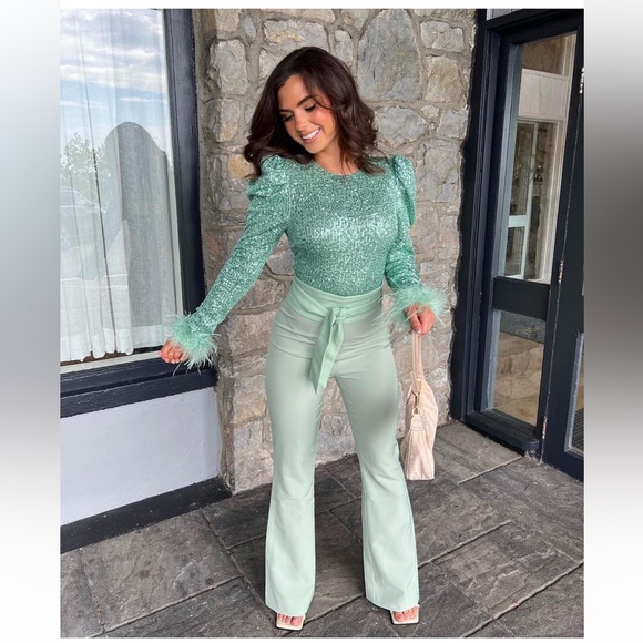 NEW SEASON Lavish Alice feather and sequin embellished jumpsuit in sage - Picture 14 of 14